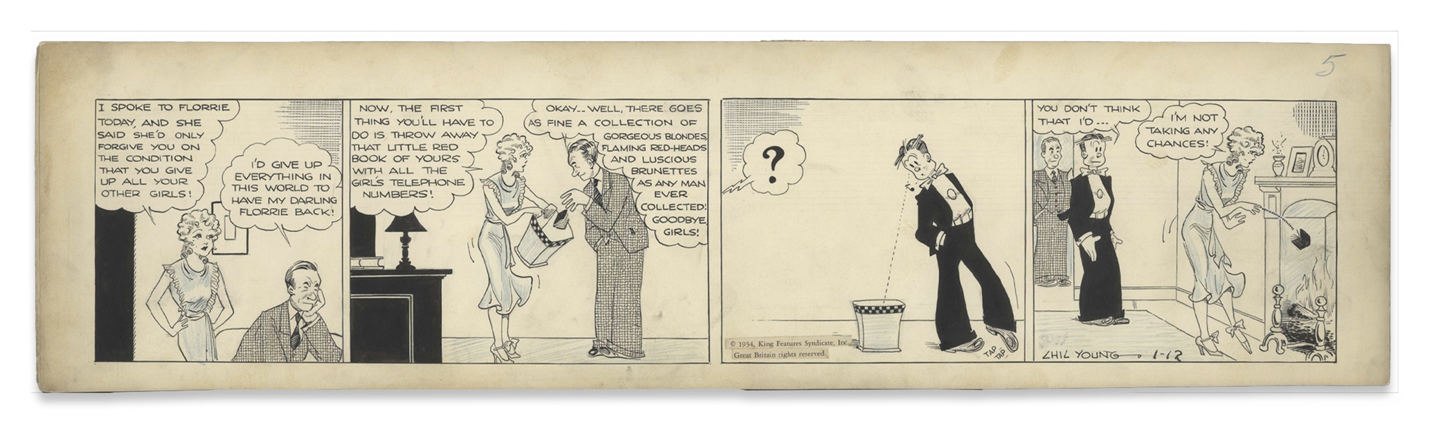 Chic Young Hand-Drawn ''Blondie'' Comic Strip From 1934 Titled ''The Moth and the Flames'' -- Blondie Doesn't Take Any Chances With a Little Black Book